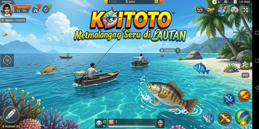 Screenshot permainan KOITOTO menampilkan aksi memancing yang mendebarkan di lautan.