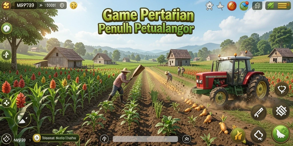 Screenshot gameplay <strong>MVP789</strong> menampilkan ladang hijau subur dan tanaman yang berwarna-warni.